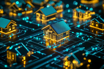 Obraz premium Smart homes illuminated with holographic visuals showcase advanced technology and connectivity, creating futuristic urban landscape filled with innovation and design