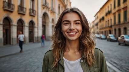 Fototapeta premium appy young caucasian girl smiling at camera standing at city street.