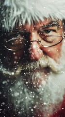 Santa Claus, dressed in his traditional red suit with white fur trim, is looking directly at the camera. Christmas cheer, jolly Saint Nicholas.