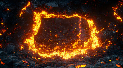 Enigmatic Lava Portal in a Spectacular Volcanic Landscape Glowing with Bright Embers and Flames