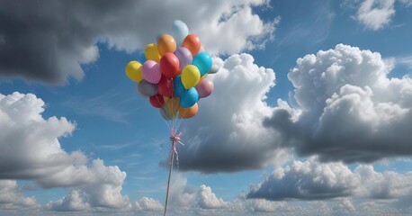 Fototapeta premium A bunch of colorful balloons tied to a wooden stick floating in the air against a clear blue sky with dark gray clouds , serene, clear