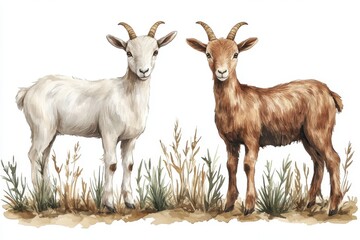Obraz premium Two goats, one white and one brown, standing among grasses in a natural setting.