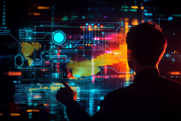 Interactive holographic infographics showcasing data visualization and technology. person engages with digital elements, representing innovation and modernity