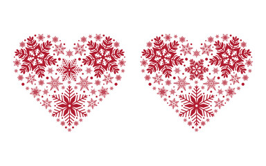 Set of snowflakes heart ornaments, detailed hand drawn vector illustration. Graphic outline drawing. Snowflakes heart silhouette for Christmas, New Year or Valentines day cards, frosty winter designs