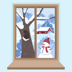 Vector illustration of a winter view from a window with a cute snowman and a house in the forest.