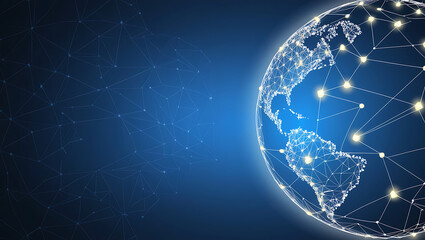 Obraz premium Networked Globe Symbolizing Global Connectivity and Technology background, Digital globe with network connections copy space, Networked Globe blue background, blue background copy space
