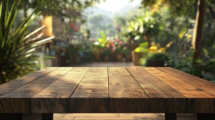 Wooden Tabletop Against A Lush Garden Background
