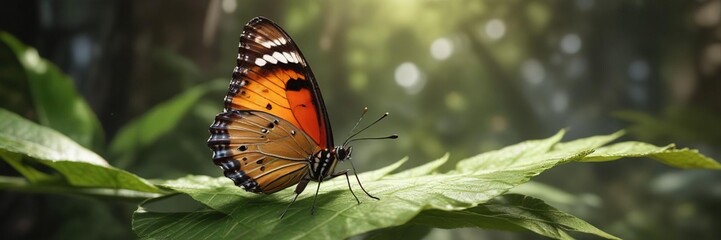 A butterfly has settled onto a single dry leaf with its protective cocoon visible underneath, outdoor, butterfly, cocoon