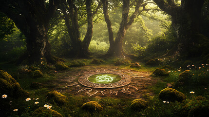 Naklejka premium A Mystical Summoning Circle Surrounded by Nature's Beauty and Ethereal Light in a Druidic Grove