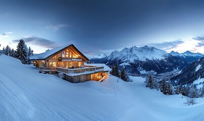 Naklejka premium Panoramic view of a ski chalet in the mountains, perfect for winter and travel photography, Generative Ai 