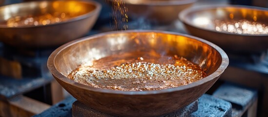 Fototapeta premium A close-up of a copper bowl filled with a bubbling liquid.