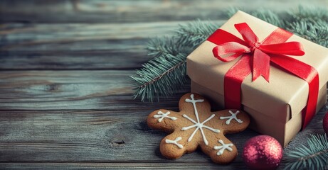 Vintage Christmas Gift Box and Gingerbread Cookies. AI generated illustration.