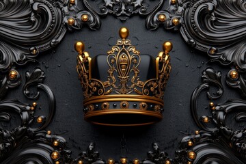 Fototapeta premium A vintage-style poster featuring a crown surrounded by bold typography and ornate embellishments, rendered in muted gold tones