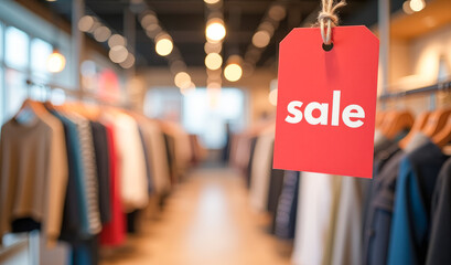 a red discount label on the background of a clothing store
