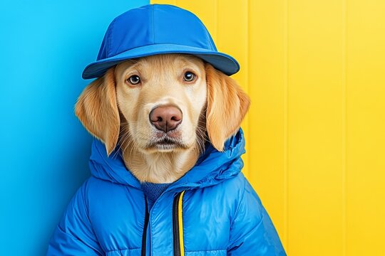 An adorable dog character dressed in a chic blue sun hat and matching coat, designed to capture attention in children stories, postcards, or online posts