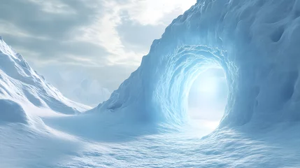 An Enchanting Snowy Mountaintop Portal Emitting a Cool Blue Radiance, Contrasting Magnificently with the Untouched White Landscape