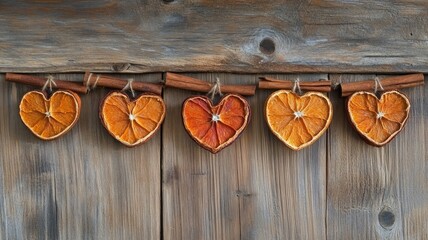 Dried orange slices and cinnamon sticks arranged in heart shapes on wooden background