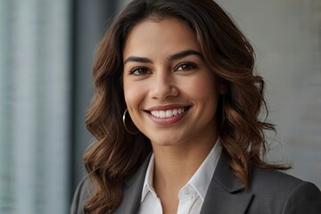 Fototapeta premium Headshot close up face portrait of young happy smiling Hispanic businesswoman,