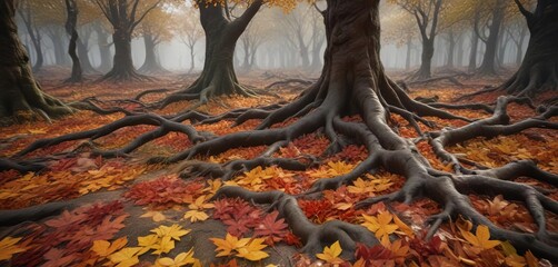 A colorful forest floor covered in fallen leaves and twisted roots , natural scenery, forest ambiance, fall landscape