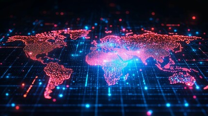 Obraz premium Digital World Map Illuminated With Glowing Nodes