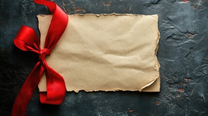 Rustic blank paper with red ribbon on dark textured background
