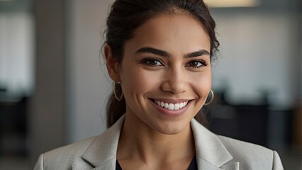 Fototapeta premium Headshot close up face portrait of young happy smiling Hispanic businesswoman,