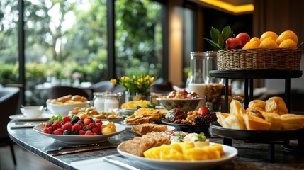 Obraz premium A table laden with a variety of breakfast foods, including fresh fruit, pastries, and eggs.