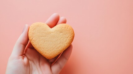 Hand holding heart-shaped cookie, light pink background