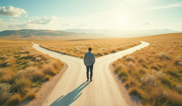 man in front of a fork in the road view from the back