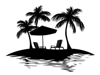 Silhouette of palm trees, beach chairs, and umbrella on a tropical island.