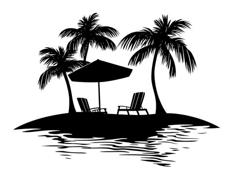 Silhouette of palm trees, beach chairs, and umbrella on a tropical island.