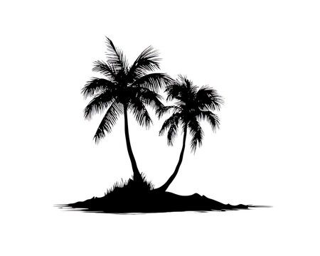 Silhouette of palm trees on a small island.