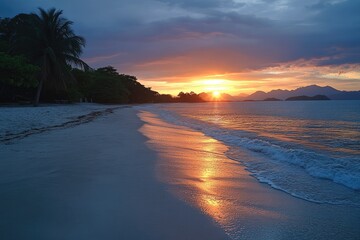 Obraz premium Golden sunrise illuminating tropical beach paradise with palm trees and mountains