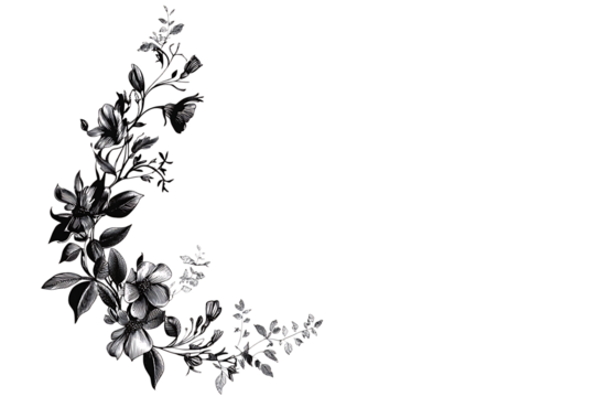 Ornamental floral corner, grayscale, botanical illustration
