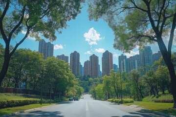 Obraz premium Green trees framing modern residential buildings on sunny day