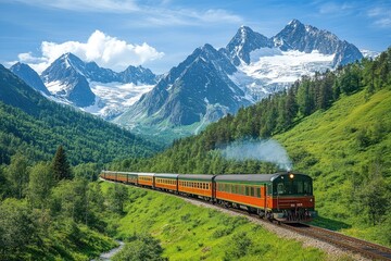 Obraz premium Train moving through mountains in alaska on a sunny summer day