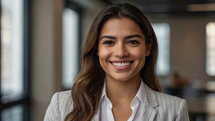 Fototapeta premium Headshot close up face portrait of young happy smiling Hispanic businesswoman,