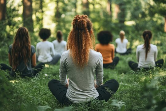 Group of women meditating outdoors in lush forest setting