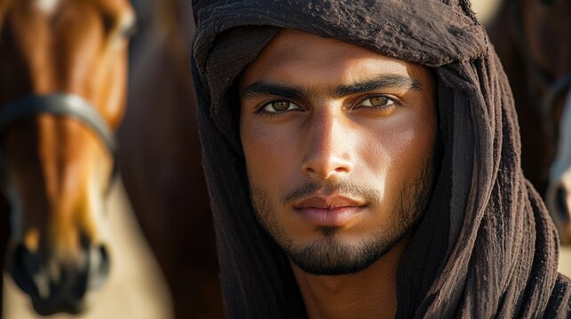 Close-up portrait of a young berber man wearing traditional clothing and posing next to horses
