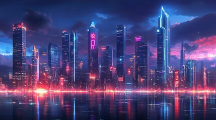 Fototapeta premium Neon Cityscape Reflecting In Calm Waters At Night