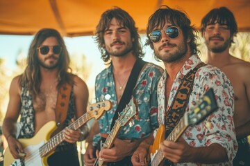 Rock band playing guitars under a tent