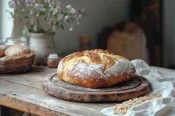 Freshly baked loaf of bread resting on wooden board in rustic kitchen