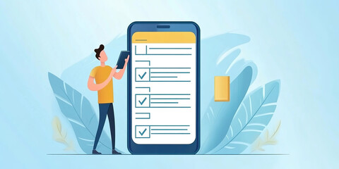 Background Featuring a Businessman Conducting Quality Checks and Evaluating Surveys Using a Smartphone, Showcasing Online Digital Forms with Checkmarks for Correct Answers, Enhanced by AI Design Eleme
