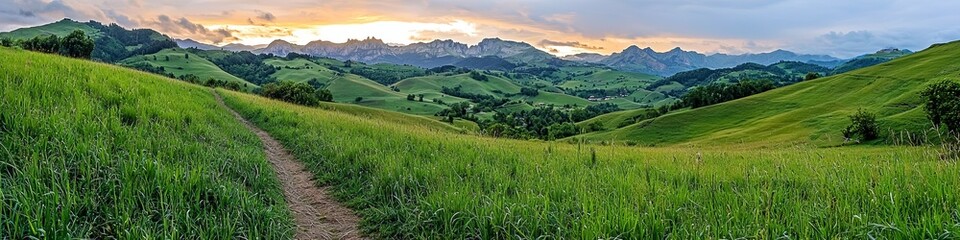 Obraz premium Vibrant sunset over a lush green valley, showcasing rolling hills and distant mountains.
