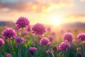Obraz premium Pink globe amaranth flowers blooming in field at sunset
