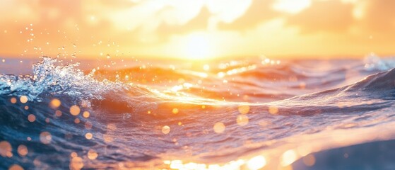 Fototapeta premium Warm peach and gold tones majestic sunrise over blurry ocean waves at coastal beach