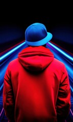 Man in Red Hoodie Facing Neon Lights