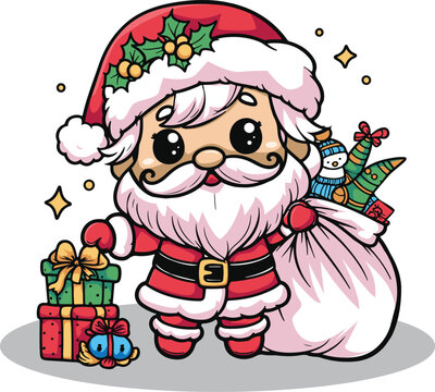 Cute cartoon character of santa claus is bringing Christmas gifts