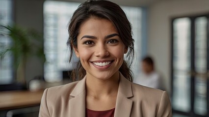 Obraz premium Headshot close up face portrait of young happy smiling Hispanic businesswoman,