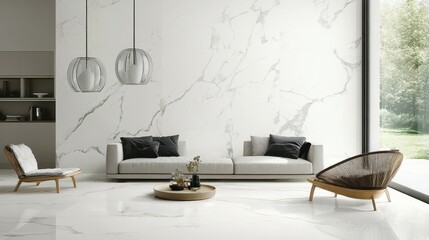 Contemporary style showcase smooth white marble with grey veins in interior design